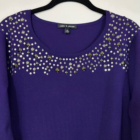 Cable & Gauge Sequin Bejewelled Purple Sweater XL - Picture 3 of 10